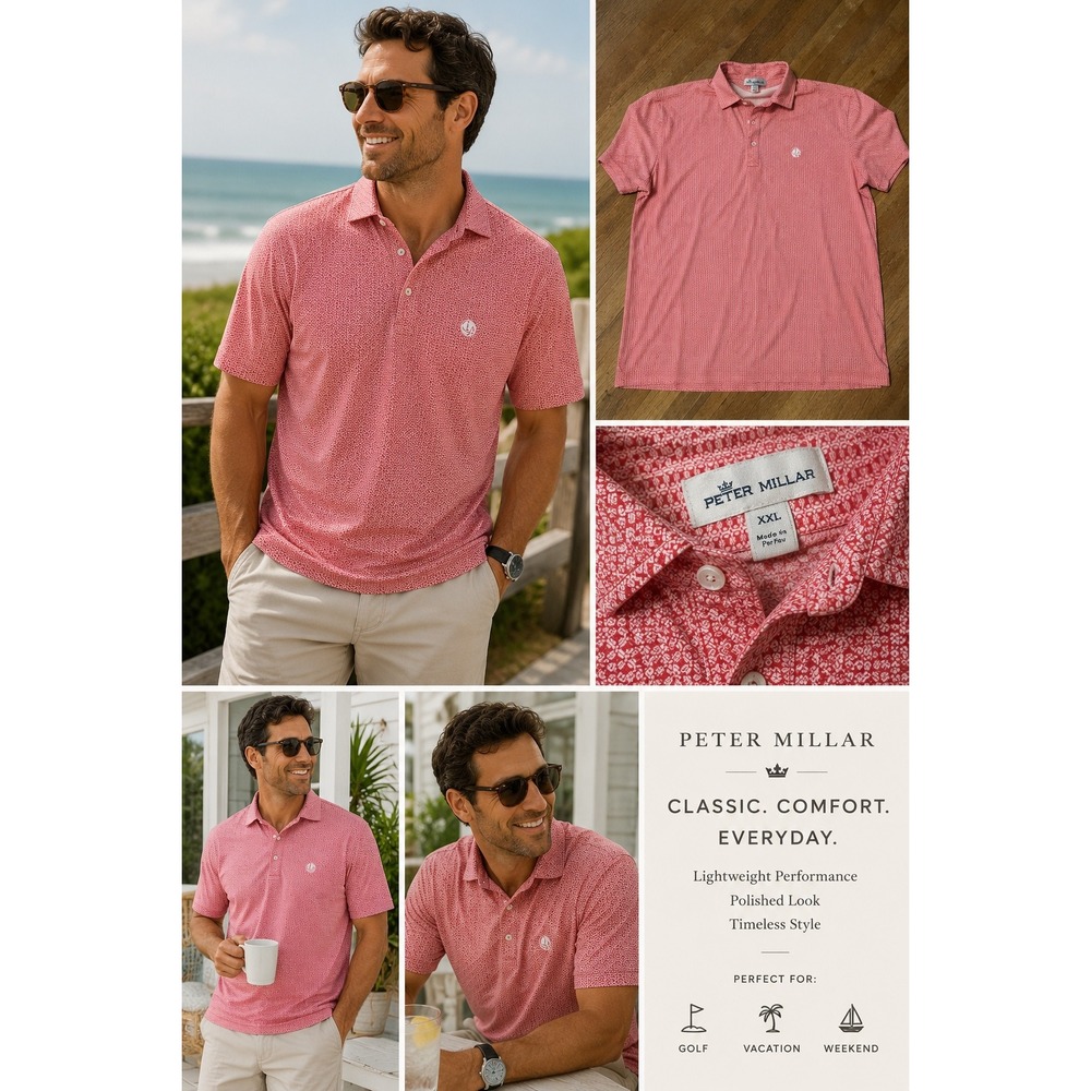 Peter Millar Men XXL Red White Geometric Print Pima Cotton Tencel Polo Shirt
